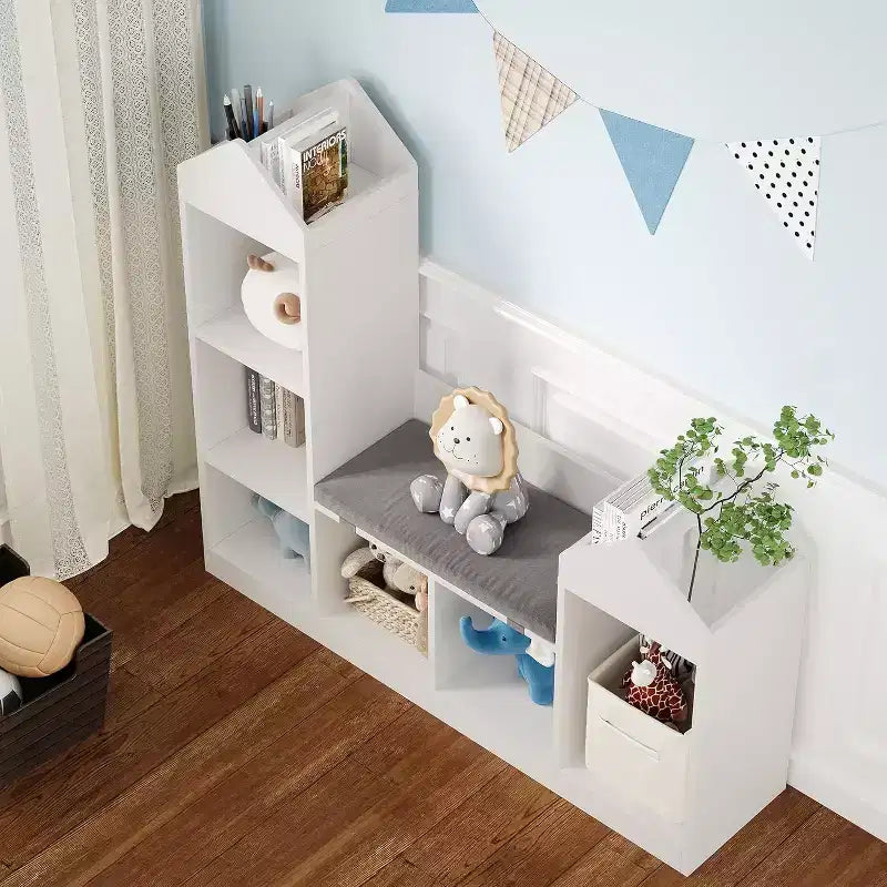 Étagère à Livres pour Enfants, Bibliothèque Enfant 6 Casiers, Organisateur de Rangement de Jouets, Banquette de Rangement en Bois avec Coussin pour Chambre d'Enfant, Salon, Bureau