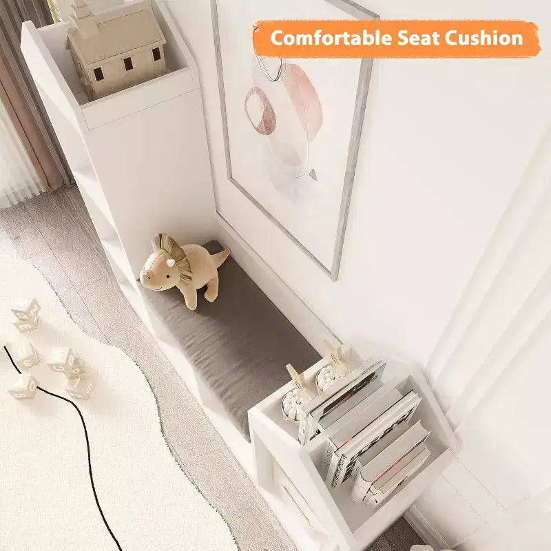 Étagère à Livres pour Enfants, Bibliothèque Enfant 6 Casiers, Organisateur de Rangement de Jouets, Banquette de Rangement en Bois avec Coussin pour Chambre d'Enfant, Salon, Bureau
