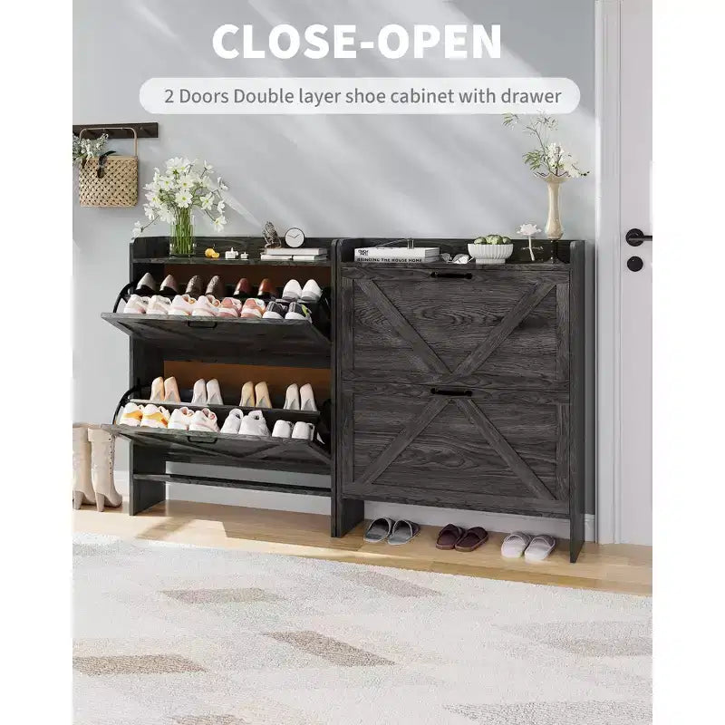 Meuble de rangement pour chaussures avec 2 tiroirs basculants, étagère à chaussures mince pour entrée, meuble de rangement pour chaussures autoportant avec pieds en métal