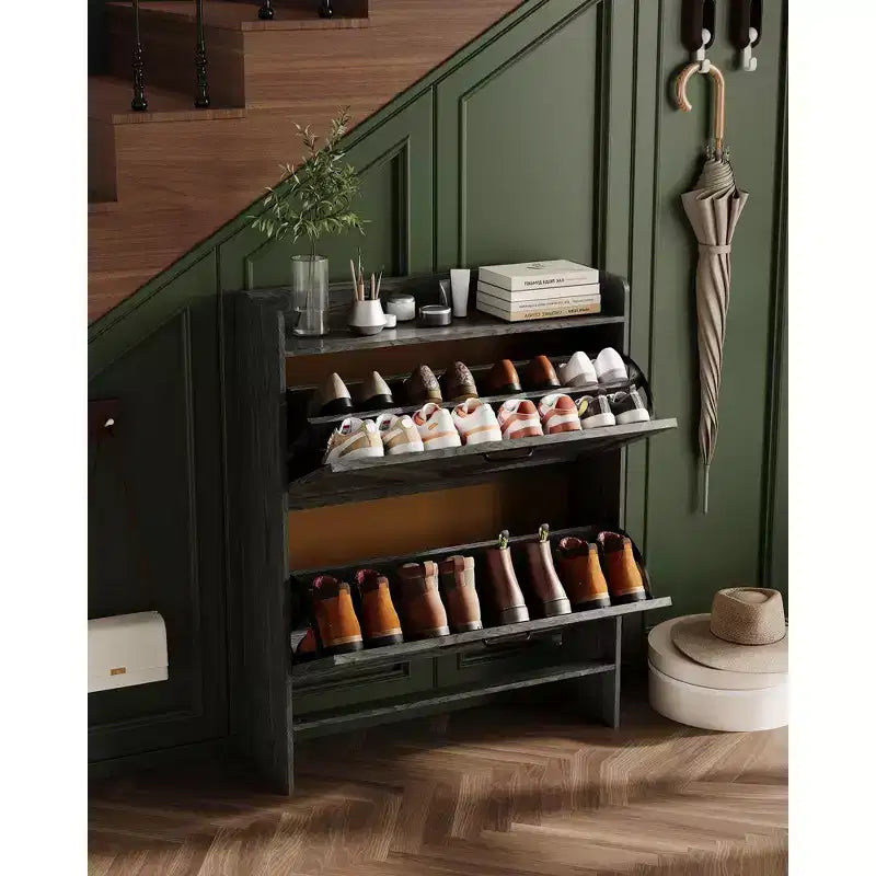 Meuble de rangement pour chaussures avec 2 tiroirs basculants, étagère à chaussures mince pour entrée, meuble de rangement pour chaussures autoportant avec pieds en métal