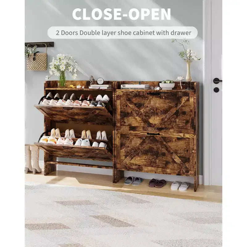 Meuble de rangement pour chaussures avec 2 tiroirs basculants, étagère à chaussures mince pour entrée, meuble de rangement pour chaussures autoportant avec pieds en métal