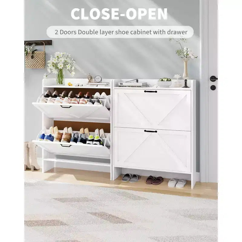 Meuble de rangement pour chaussures avec 2 tiroirs basculants, étagère à chaussures mince pour entrée, meuble de rangement pour chaussures autoportant avec pieds en métal