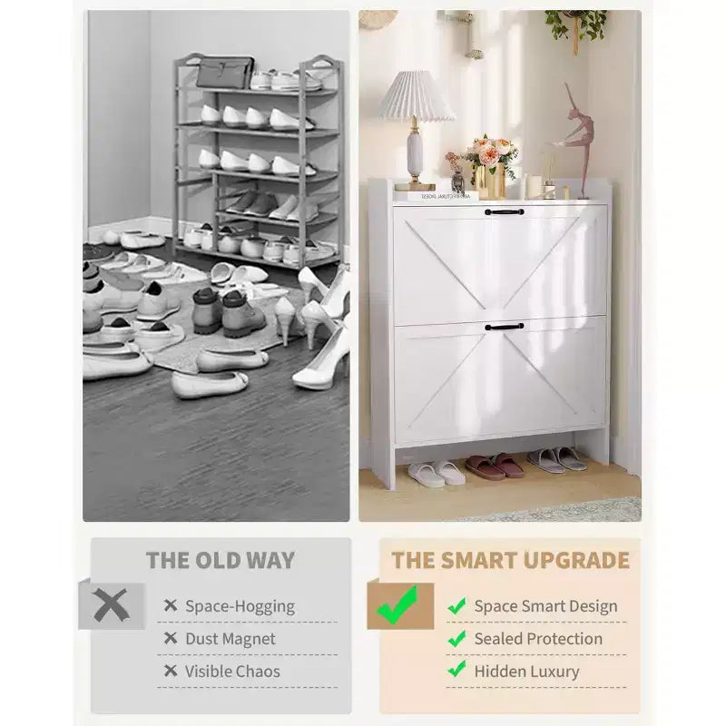 Meuble de rangement pour chaussures avec 2 tiroirs basculants, étagère à chaussures mince pour entrée, meuble de rangement pour chaussures autoportant avec pieds en métal