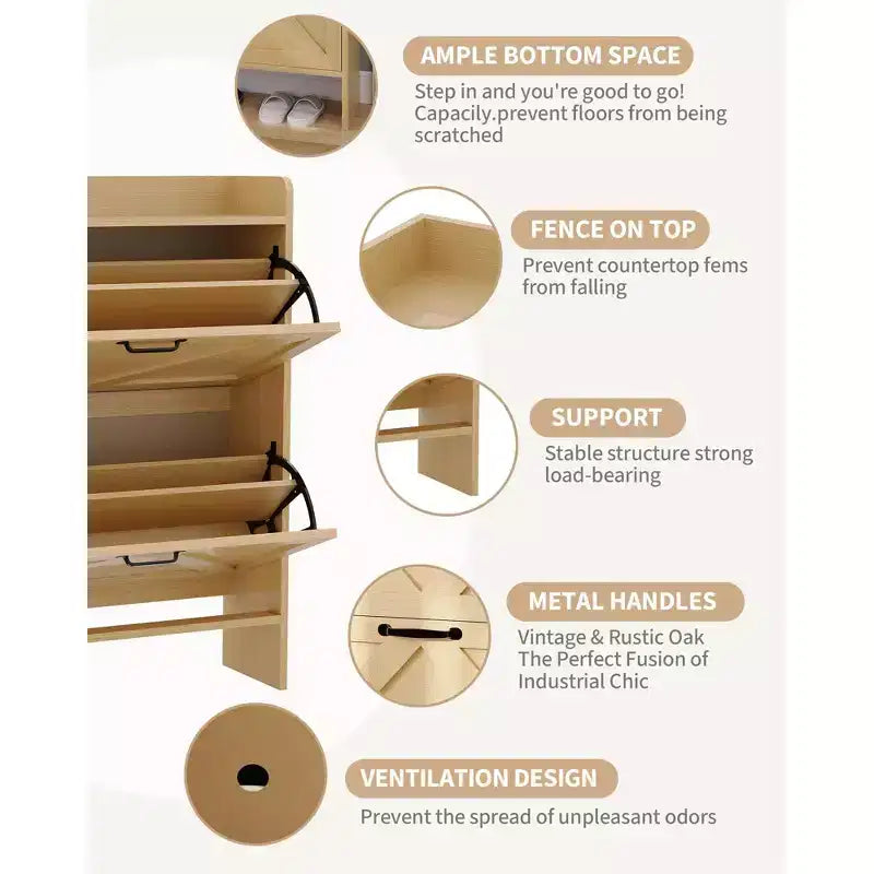 Meuble de rangement pour chaussures avec 2 tiroirs basculants, étagère à chaussures mince pour entrée, meuble de rangement pour chaussures autoportant avec pieds en métal