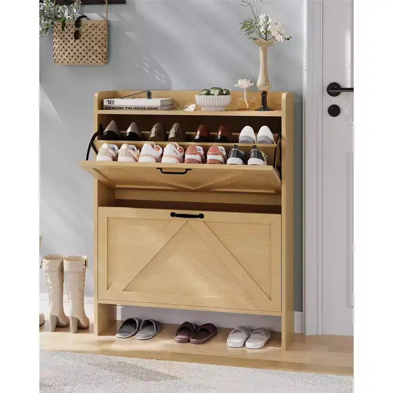 Shoe Storage Cabinet with 2 Flip Drawers, Entryway Slim Shoe Rack, Freestanding Hidden Shoe Organizer Cabinet with Metal Legs