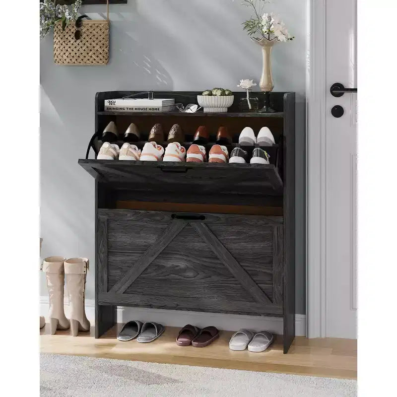 Meuble de rangement pour chaussures avec 2 tiroirs basculants, étagère à chaussures mince pour entrée, meuble de rangement pour chaussures autoportant avec pieds en métal