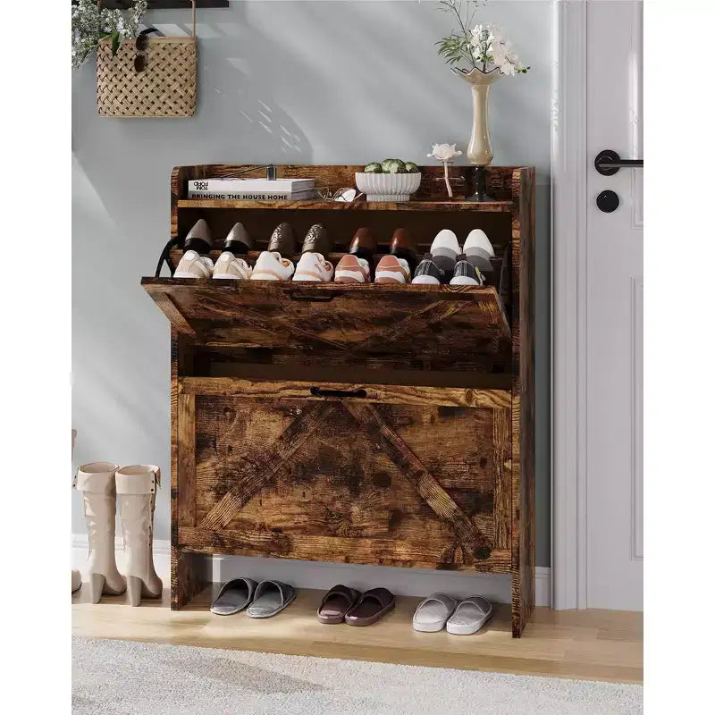 Meuble de rangement pour chaussures avec 2 tiroirs basculants, étagère à chaussures mince pour entrée, meuble de rangement pour chaussures autoportant avec pieds en métal
