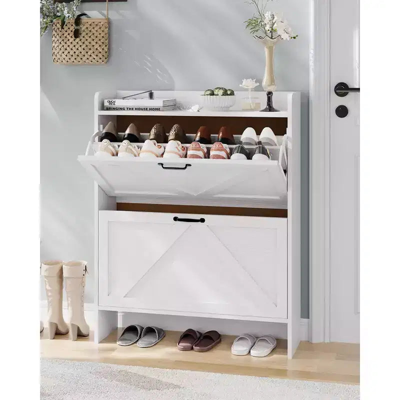Meuble de rangement pour chaussures avec 2 tiroirs basculants, étagère à chaussures mince pour entrée, meuble de rangement pour chaussures autoportant avec pieds en métal