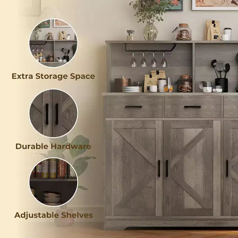Buffet de Ferme avec Support Micro-ondes, Armoire de Rangement avec Tiroirs et Étagères, Meuble Bar à Café avec Vaisselier