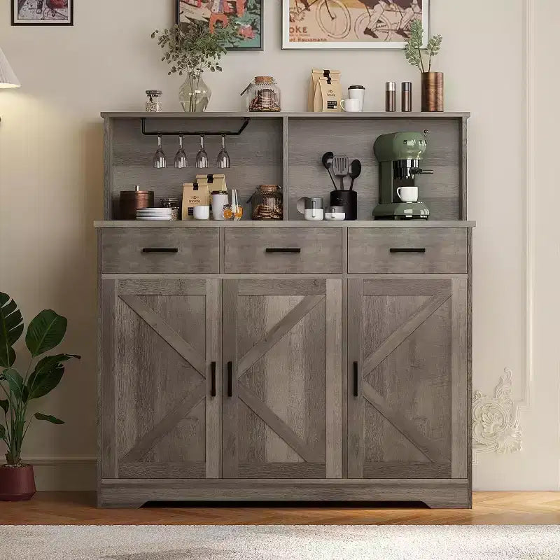 Buffet de Ferme avec Support Micro-ondes, Armoire de Rangement avec Tiroirs et Étagères, Meuble Bar à Café avec Vaisselier