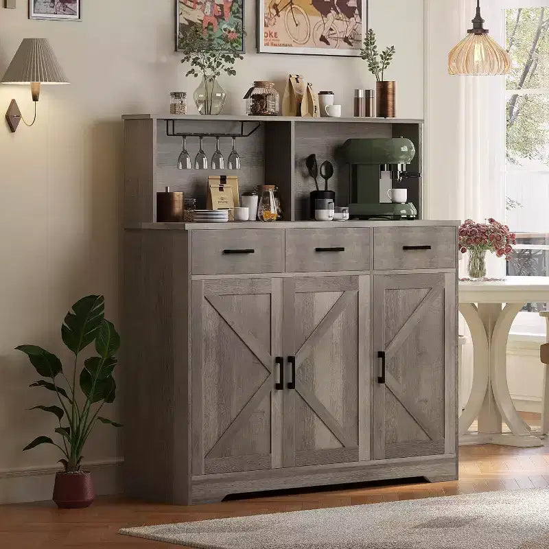 Buffet de Ferme avec Support Micro-ondes, Armoire de Rangement avec Tiroirs et Étagères, Meuble Bar à Café avec Vaisselier