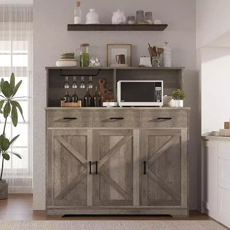 Buffet de Ferme avec Support Micro-ondes, Armoire de Rangement avec Tiroirs et Étagères, Meuble Bar à Café avec Vaisselier