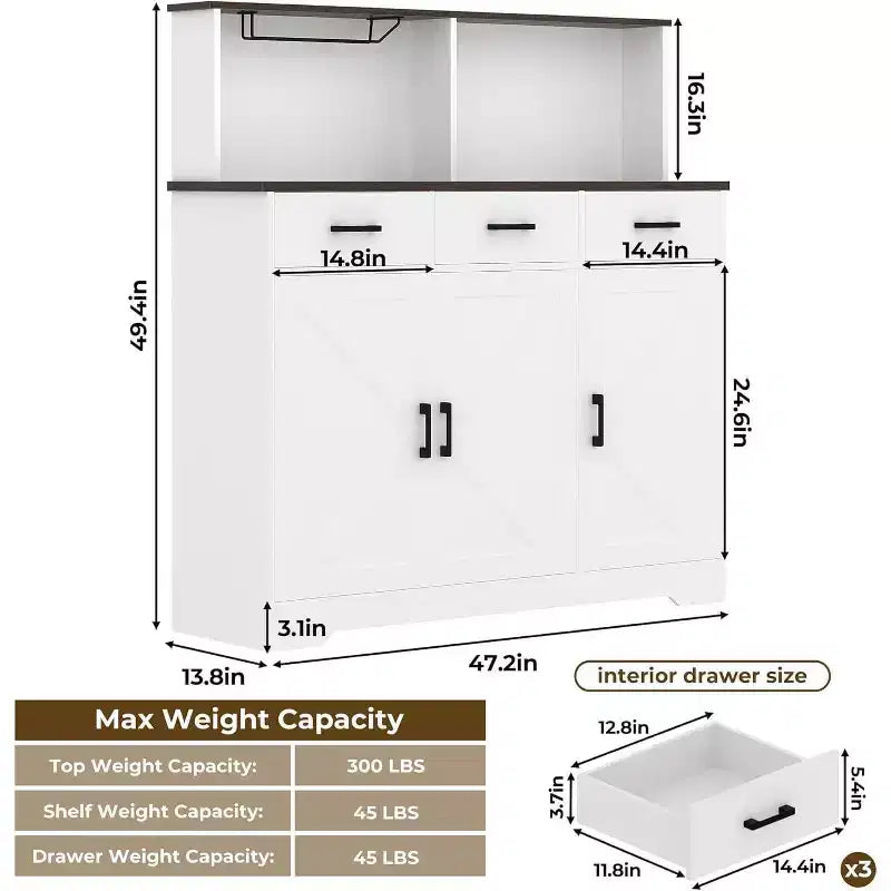 Buffet de Ferme avec Support Micro-ondes, Armoire de Rangement avec Tiroirs et Étagères, Meuble Bar à Café avec Vaisselier