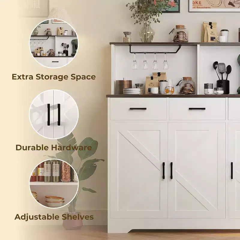 Buffet de Ferme avec Support Micro-ondes, Armoire de Rangement avec Tiroirs et Étagères, Meuble Bar à Café avec Vaisselier