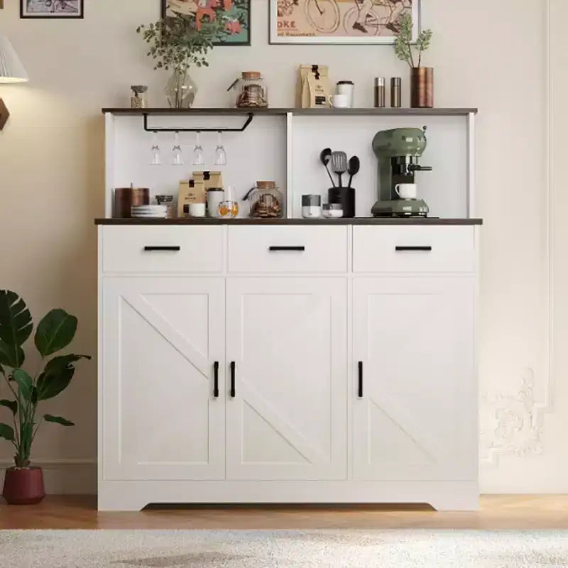 Buffet de Ferme avec Support Micro-ondes, Armoire de Rangement avec Tiroirs et Étagères, Meuble Bar à Café avec Vaisselier
