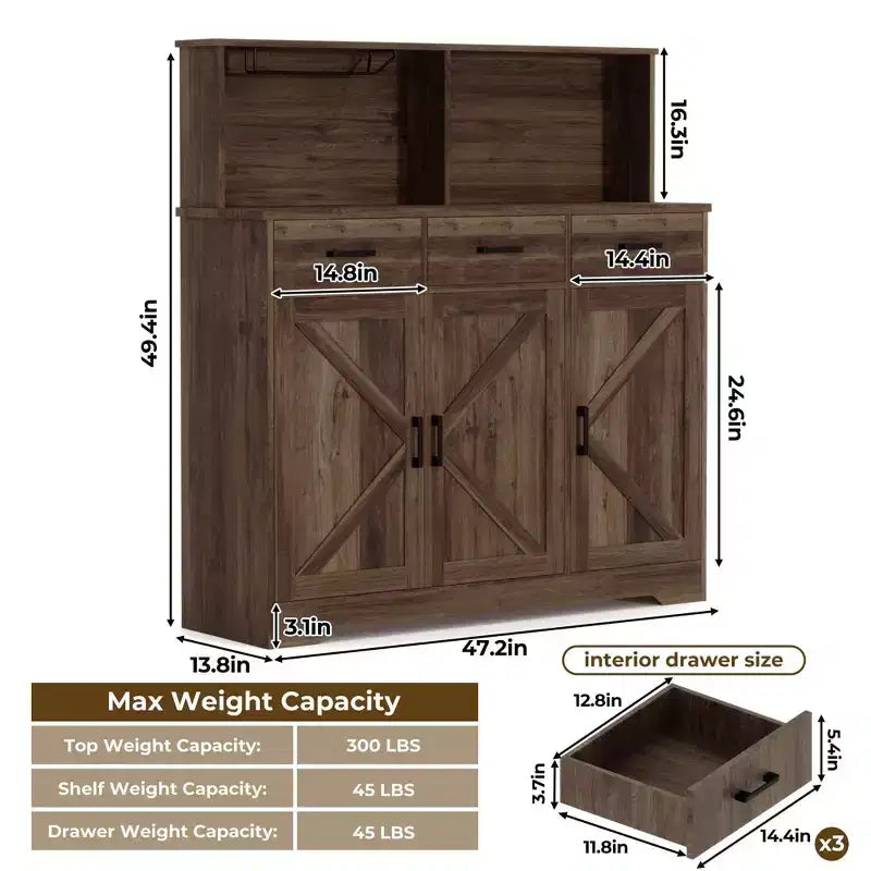 Buffet de Ferme avec Support Micro-ondes, Armoire de Rangement avec Tiroirs et Étagères, Meuble Bar à Café avec Vaisselier