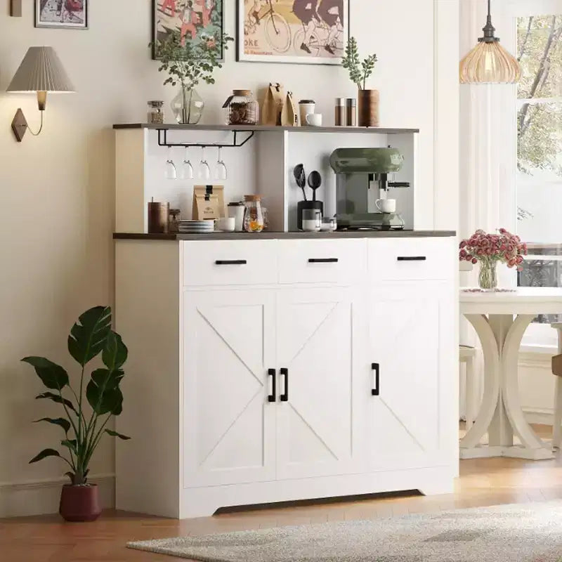 Buffet de Ferme avec Support Micro-ondes, Armoire de Rangement avec Tiroirs et Étagères, Meuble Bar à Café avec Vaisselier
