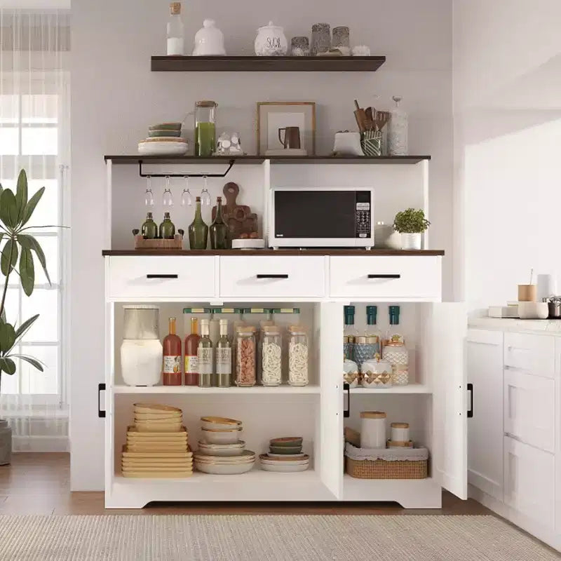 Buffet de Ferme avec Support Micro-ondes, Armoire de Rangement avec Tiroirs et Étagères, Meuble Bar à Café avec Vaisselier