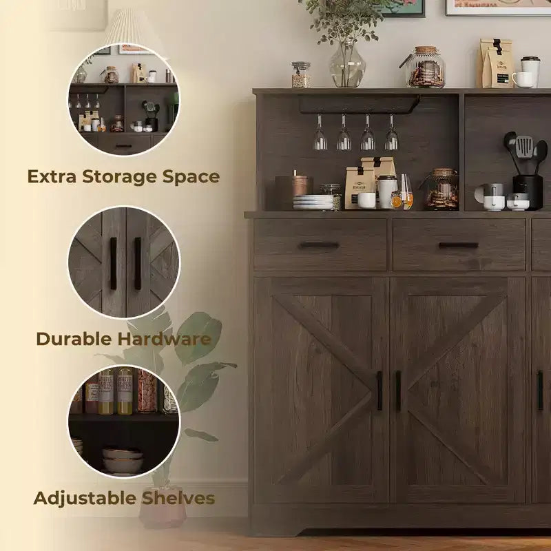 Buffet de Ferme avec Support Micro-ondes, Armoire de Rangement avec Tiroirs et Étagères, Meuble Bar à Café avec Vaisselier