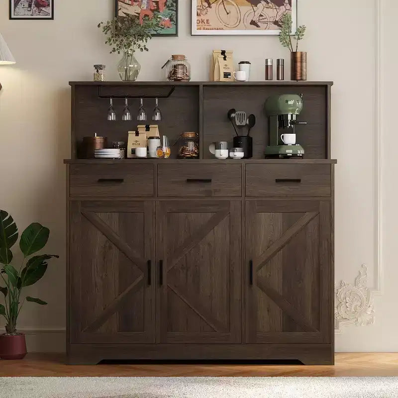Buffet de Ferme avec Support Micro-ondes, Armoire de Rangement avec Tiroirs et Étagères, Meuble Bar à Café avec Vaisselier