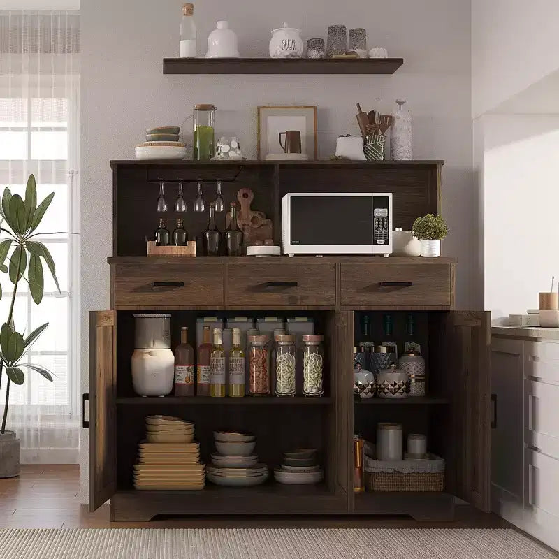 Buffet de Ferme avec Support Micro-ondes, Armoire de Rangement avec Tiroirs et Étagères, Meuble Bar à Café avec Vaisselier