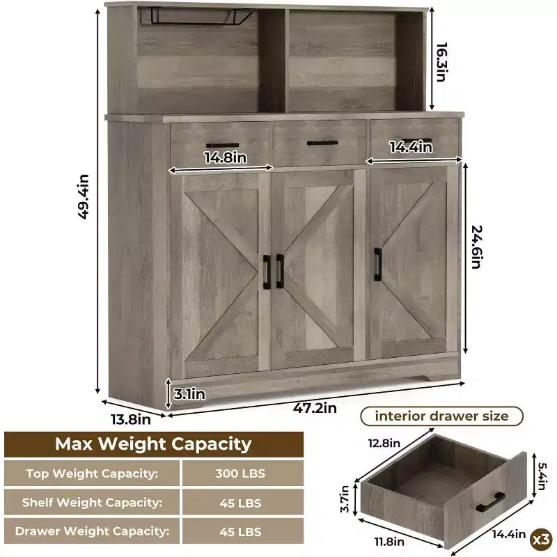 Buffet de Ferme avec Support Micro-ondes, Armoire de Rangement avec Tiroirs et Étagères, Meuble Bar à Café avec Vaisselier