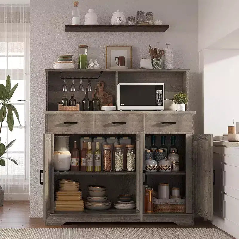 Buffet de Ferme avec Support Micro-ondes, Armoire de Rangement avec Tiroirs et Étagères, Meuble Bar à Café avec Vaisselier
