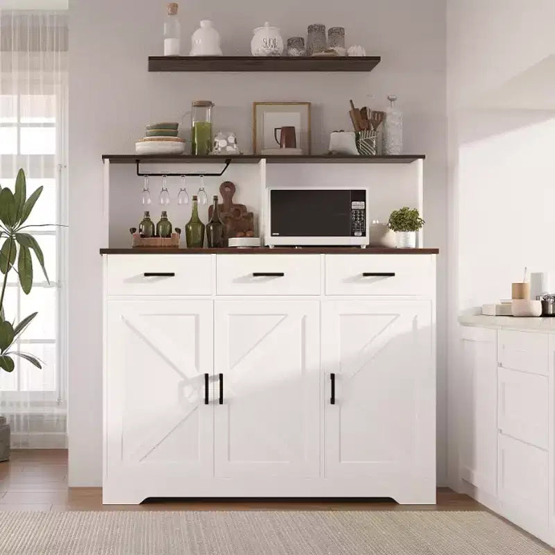 Buffet de Ferme avec Support Micro-ondes, Armoire de Rangement avec Tiroirs et Étagères, Meuble Bar à Café avec Vaisselier