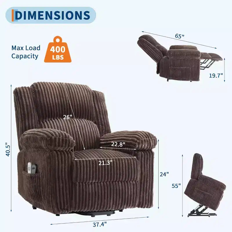 Fauteuil inclinable releveur électrique - Fonction chaleur et massage, Fauteuil releveur électrique avec positions réglables, Tissu polyester doux et Rembourrage intégral en éponge