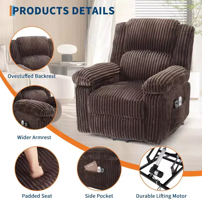 Fauteuil inclinable releveur électrique - Fonction chaleur et massage, Fauteuil releveur électrique avec positions réglables, Tissu polyester doux et Rembourrage intégral en éponge