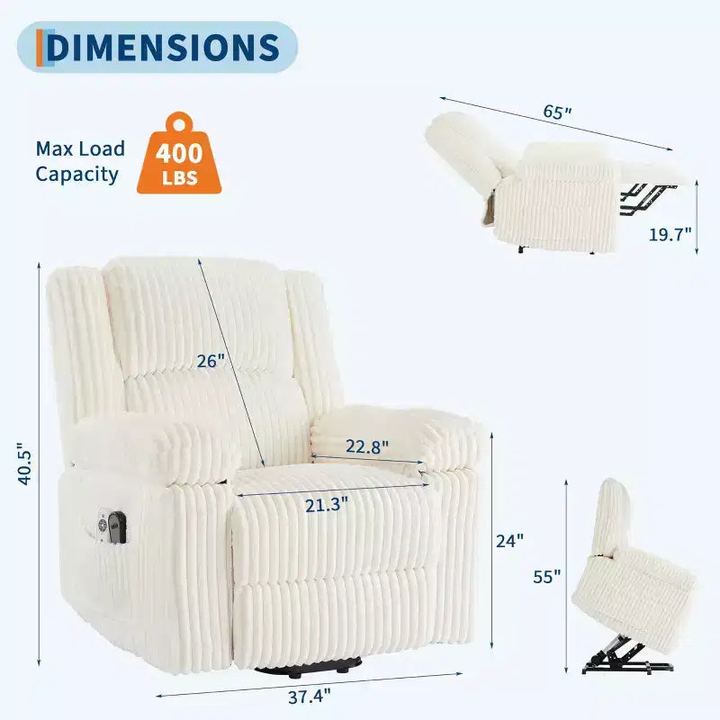 Fauteuil inclinable releveur électrique - Fonction chaleur et massage, Fauteuil releveur électrique avec positions réglables, Tissu polyester doux et Rembourrage intégral en éponge
