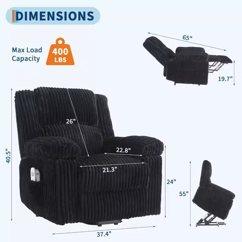 Fauteuil inclinable releveur électrique - Fonction chaleur et massage, Fauteuil releveur électrique avec positions réglables, Tissu polyester doux et Rembourrage intégral en éponge