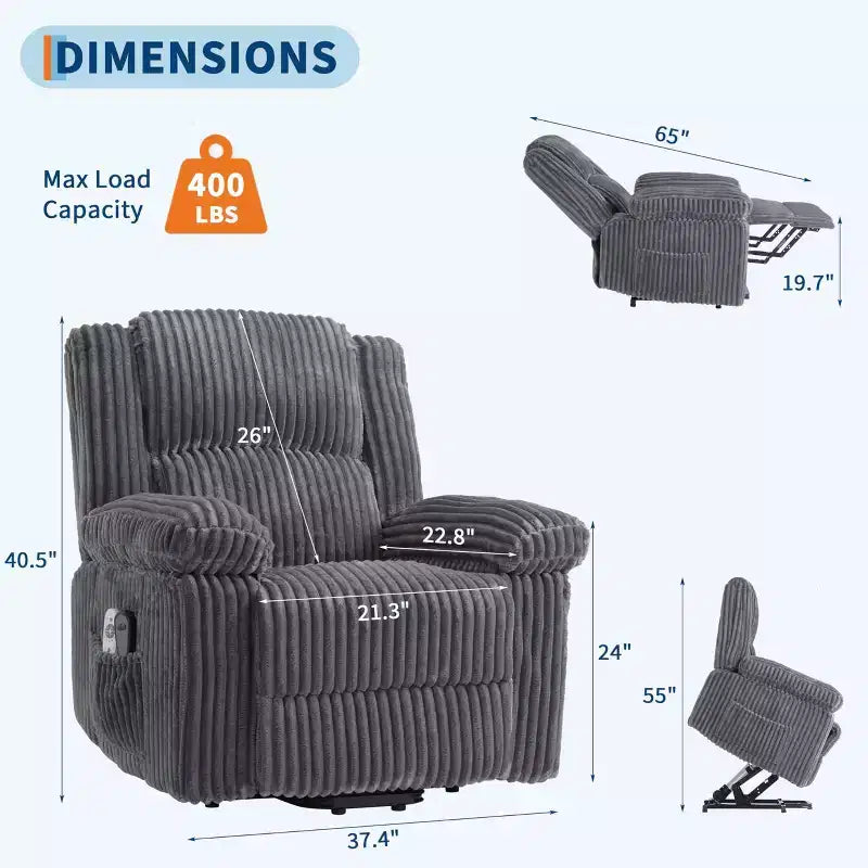 Fauteuil inclinable releveur électrique - Fonction chaleur et massage, Fauteuil releveur électrique avec positions réglables, Tissu polyester doux et Rembourrage intégral en éponge