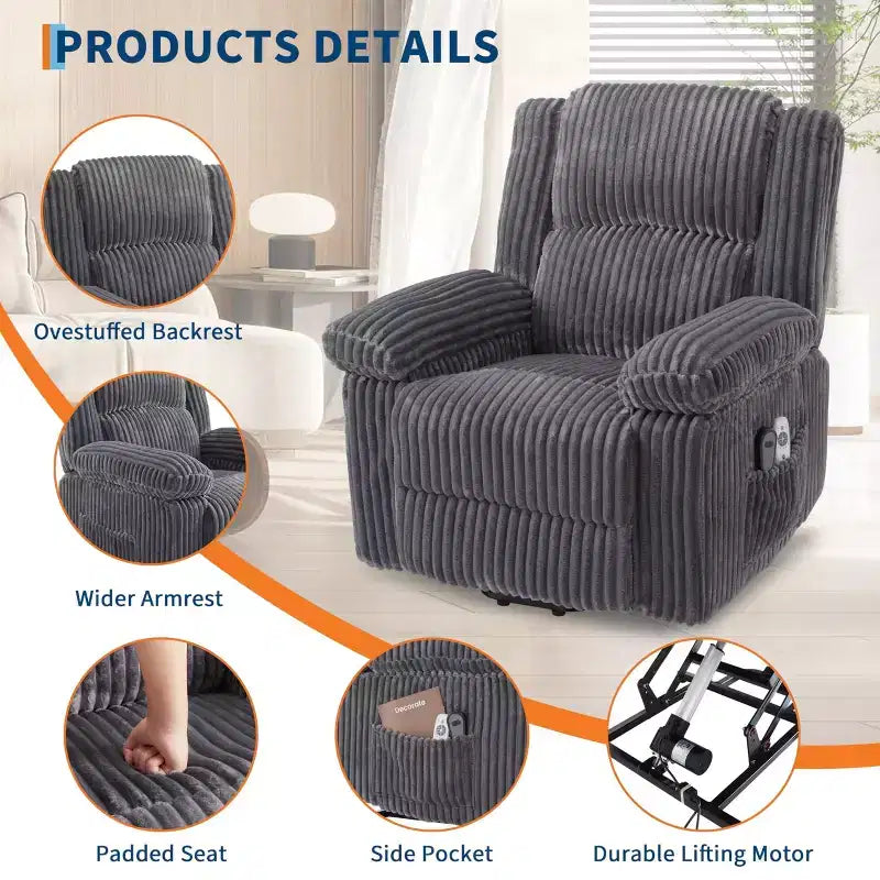 Fauteuil inclinable releveur électrique - Fonction chaleur et massage, Fauteuil releveur électrique avec positions réglables, Tissu polyester doux et Rembourrage intégral en éponge