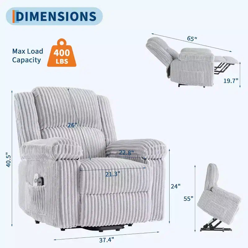 Fauteuil inclinable releveur électrique - Fonction chaleur et massage, Fauteuil releveur électrique avec positions réglables, Tissu polyester doux et Rembourrage intégral en éponge