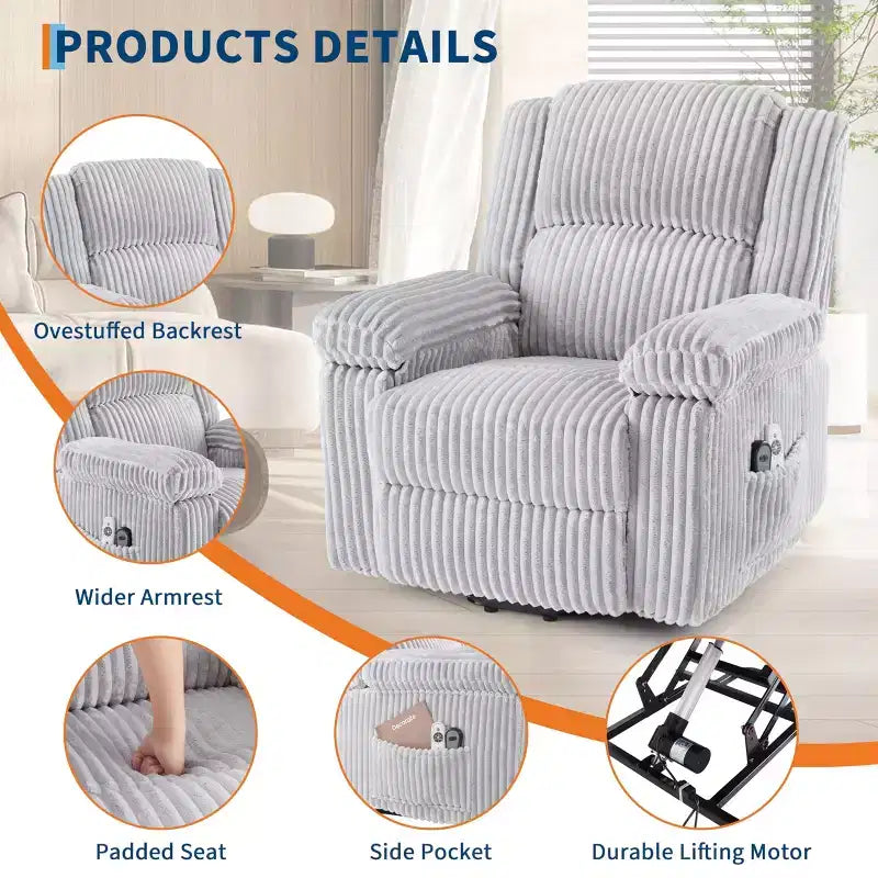 Fauteuil inclinable releveur électrique - Fonction chaleur et massage, Fauteuil releveur électrique avec positions réglables, Tissu polyester doux et Rembourrage intégral en éponge