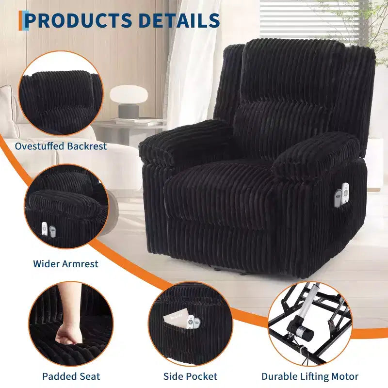 Fauteuil inclinable releveur électrique - Fonction chaleur et massage, Fauteuil releveur électrique avec positions réglables, Tissu polyester doux et Rembourrage intégral en éponge
