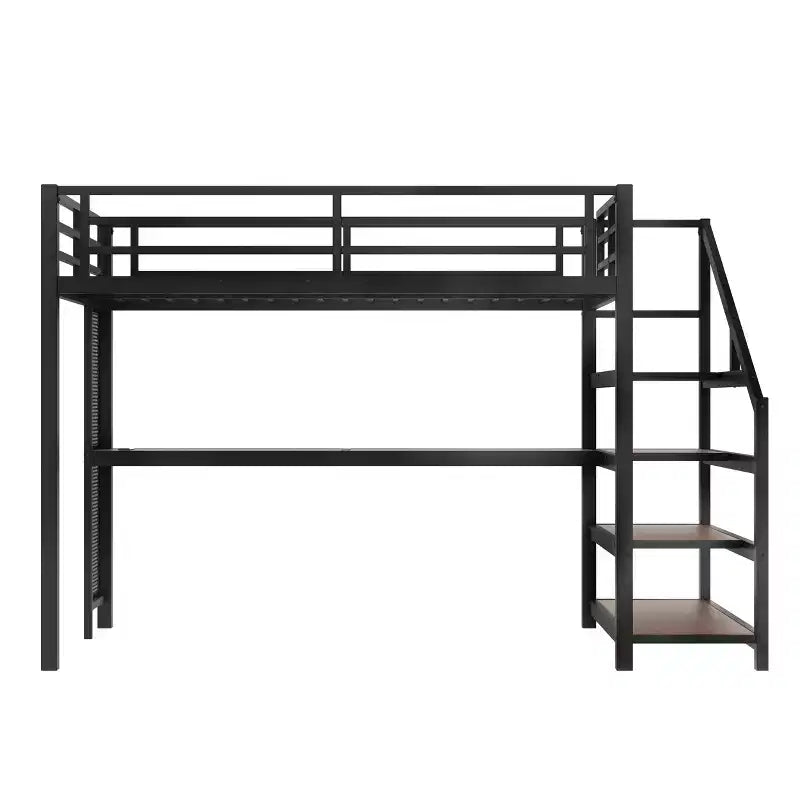 Lit mezzanine en métal avec bureau, escalier de rangement, lumières LED, ports USB, pas besoin de sommier tapissier et silencieux, noir