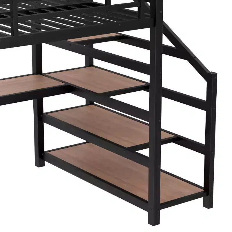 Lit mezzanine en métal avec bureau, escalier de rangement, lumières LED, ports USB, pas besoin de sommier tapissier et silencieux, noir