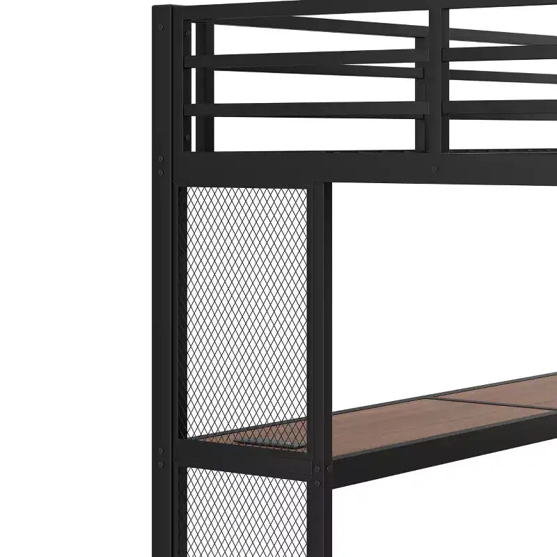 Lit mezzanine en métal avec bureau, escalier de rangement, lumières LED, ports USB, pas besoin de sommier tapissier et silencieux, noir