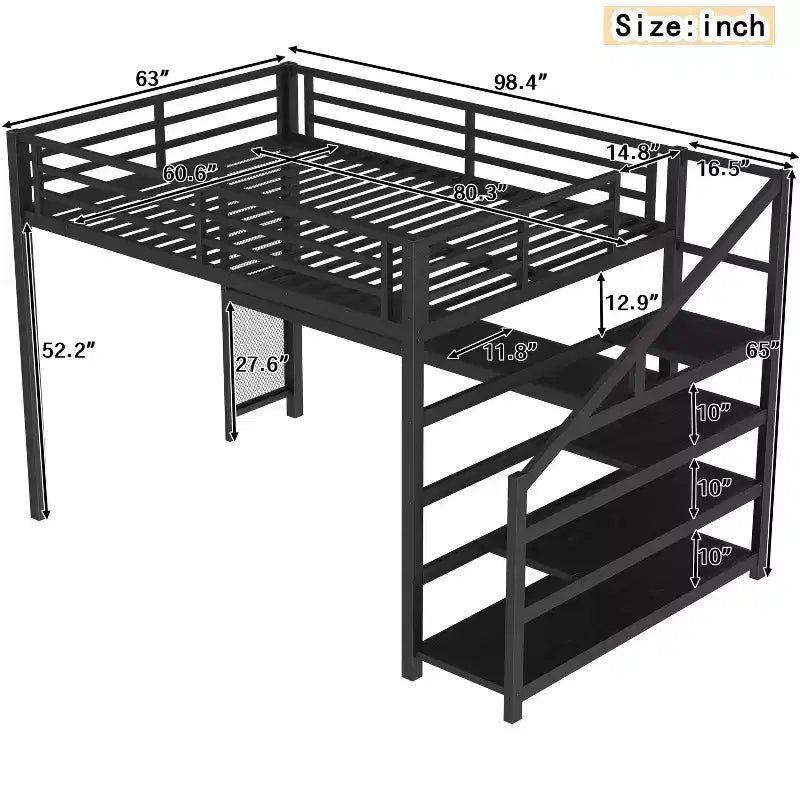 Lit mezzanine en métal avec bureau, escalier de rangement, lumières LED, ports USB, pas besoin de sommier tapissier et silencieux, noir