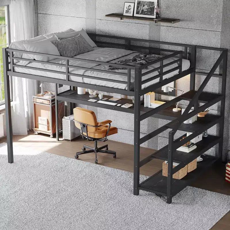Lit mezzanine en métal avec bureau, escalier de rangement, lumières LED, ports USB, pas besoin de sommier tapissier et silencieux, noir