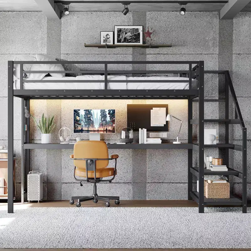Lit mezzanine en métal avec bureau, escalier de rangement, lumières LED, ports USB, pas besoin de sommier tapissier et silencieux, noir