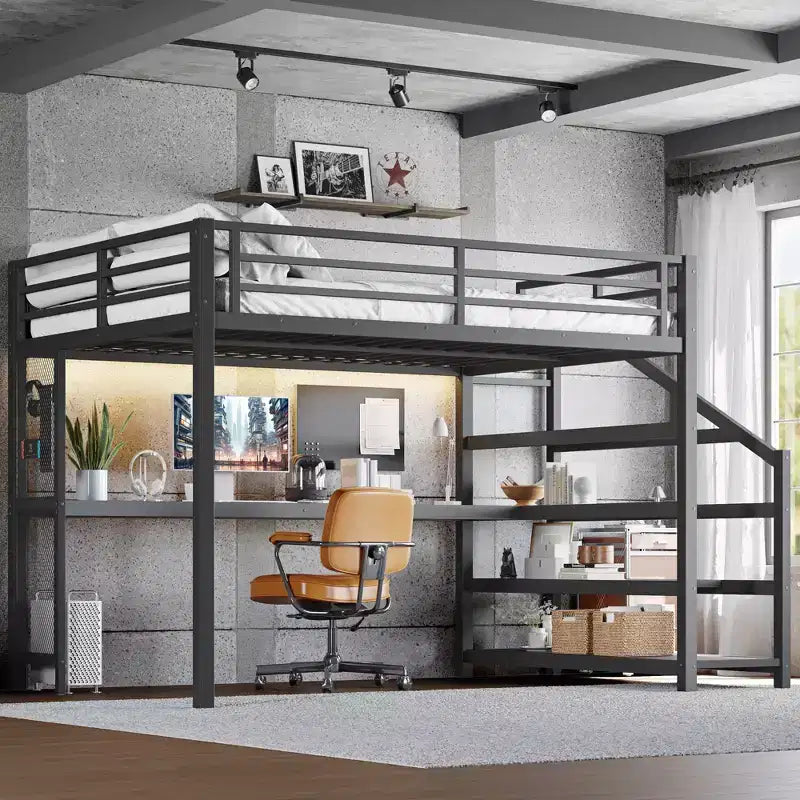 Lit mezzanine en métal avec bureau, escalier de rangement, lumières LED, ports USB, pas besoin de sommier tapissier et silencieux, noir