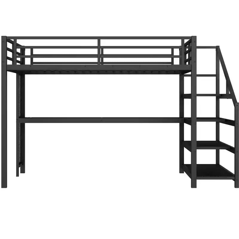 Lit mezzanine en métal avec bureau, escalier de rangement, lumières LED, ports USB, pas besoin de sommier tapissier et silencieux, noir