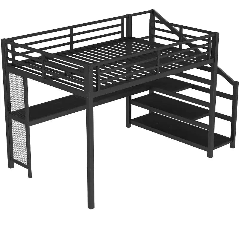 Lit mezzanine en métal avec bureau, escalier de rangement, lumières LED, ports USB, pas besoin de sommier tapissier et silencieux, noir