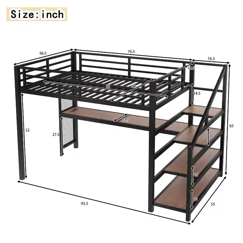Lit mezzanine en métal avec bureau, escalier de rangement, lumières LED, ports USB, pas besoin de sommier tapissier et silencieux, noir