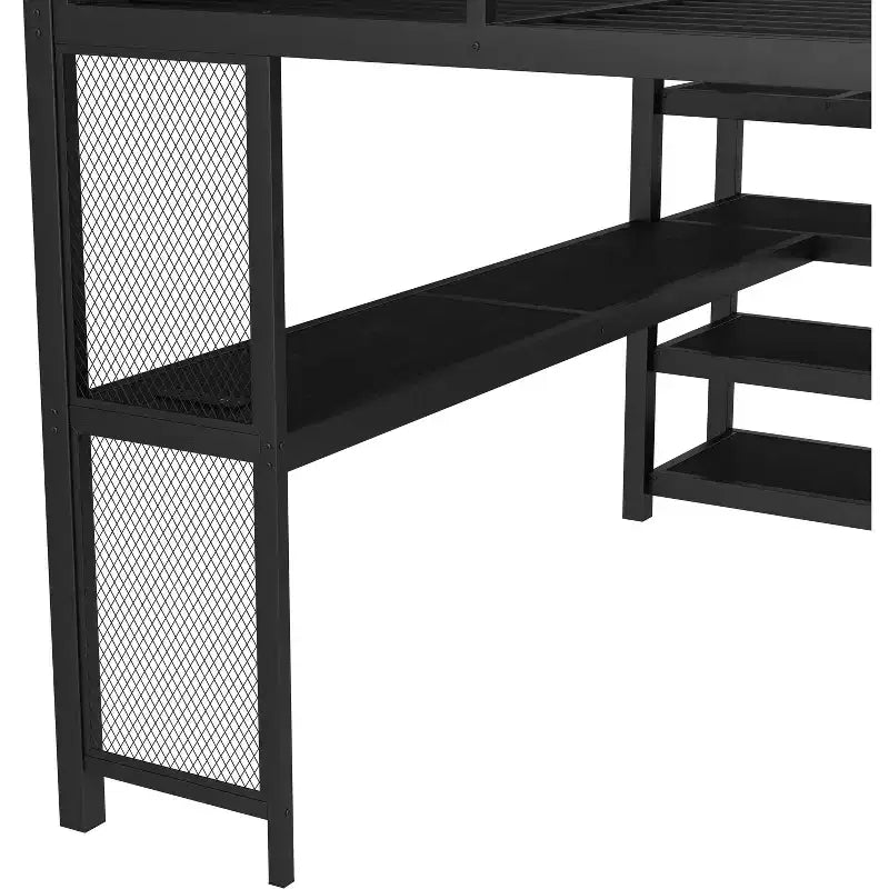 Lit mezzanine en métal avec bureau, escalier de rangement, lumières LED, ports USB, pas besoin de sommier tapissier et silencieux, noir