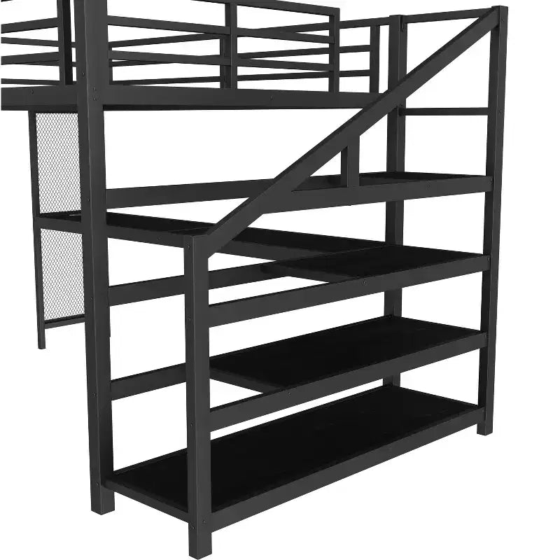 Lit mezzanine en métal avec bureau, escalier de rangement, lumières LED, ports USB, pas besoin de sommier tapissier et silencieux, noir