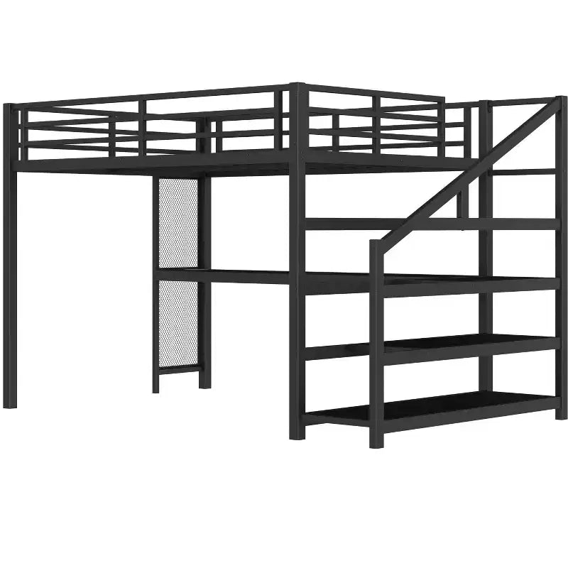 Lit mezzanine en métal avec bureau, escalier de rangement, lumières LED, ports USB, pas besoin de sommier tapissier et silencieux, noir
